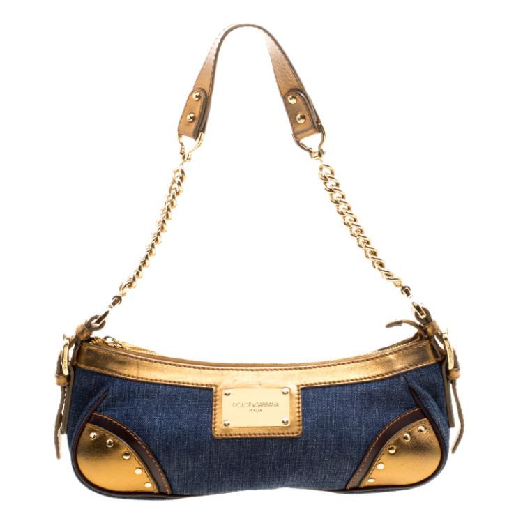 Pre Owned Dolce and Gabbana Blue/Gold Denim and Leather Shoulder Bag 