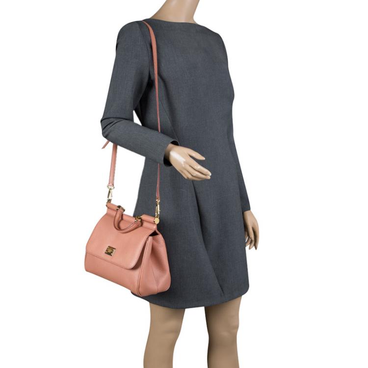 Pre Owned Dolce and Gabbana Peach Leather Medium Miss Sicily Satchel
