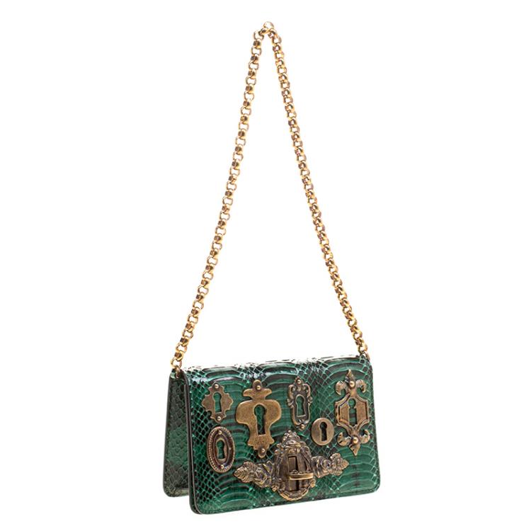 Pre Owned Dolce and Gabbana Green Snakeskin Keyhole Shoulder Bag