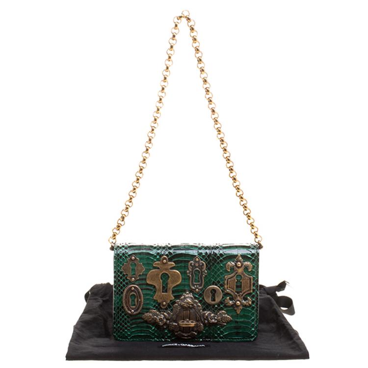 Pre Owned Dolce and Gabbana Green Snakeskin Keyhole Shoulder Bag