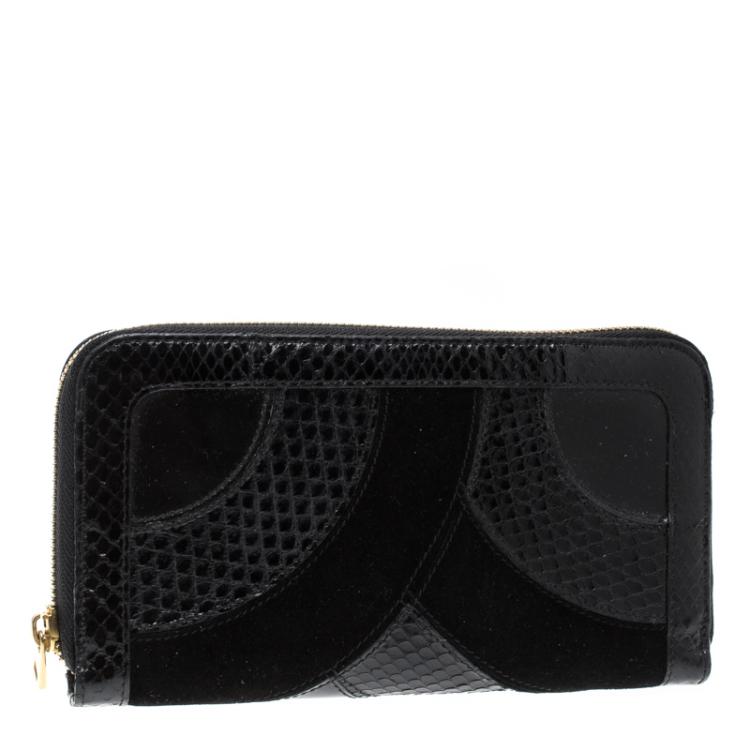 Pre Owned Dolce and Gabbana Black Suede and Snake Skin Zip Around Continental Wallet