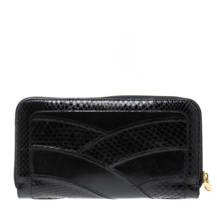 Pre Owned Dolce and Gabbana Black Suede and Snake Skin Zip Around Continental Wallet