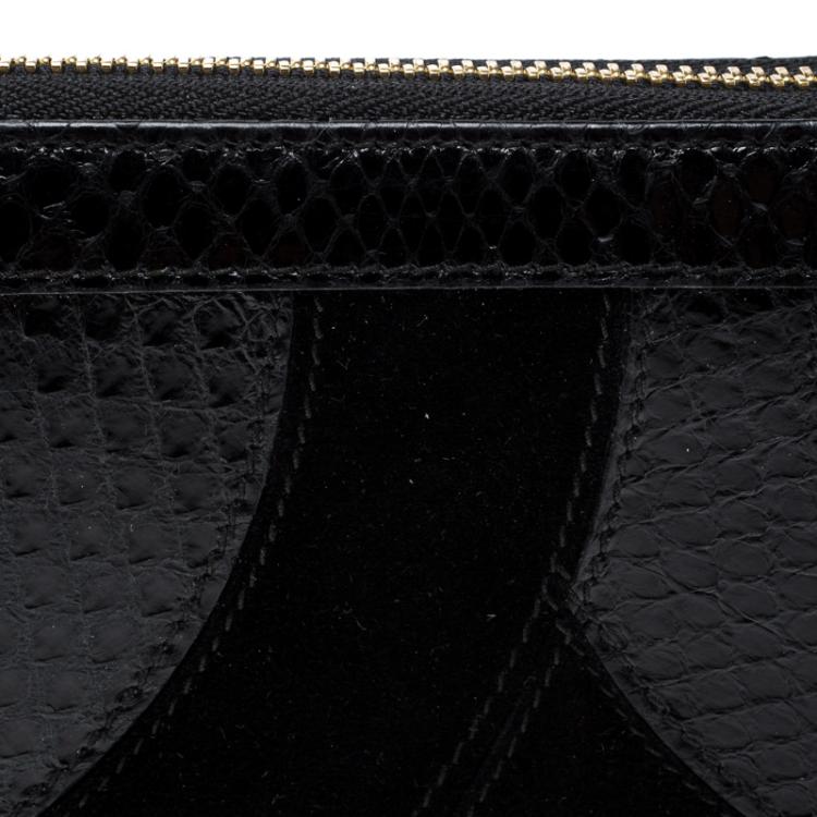 Pre Owned Dolce and Gabbana Black Suede and Snake Skin Zip Around Continental Wallet