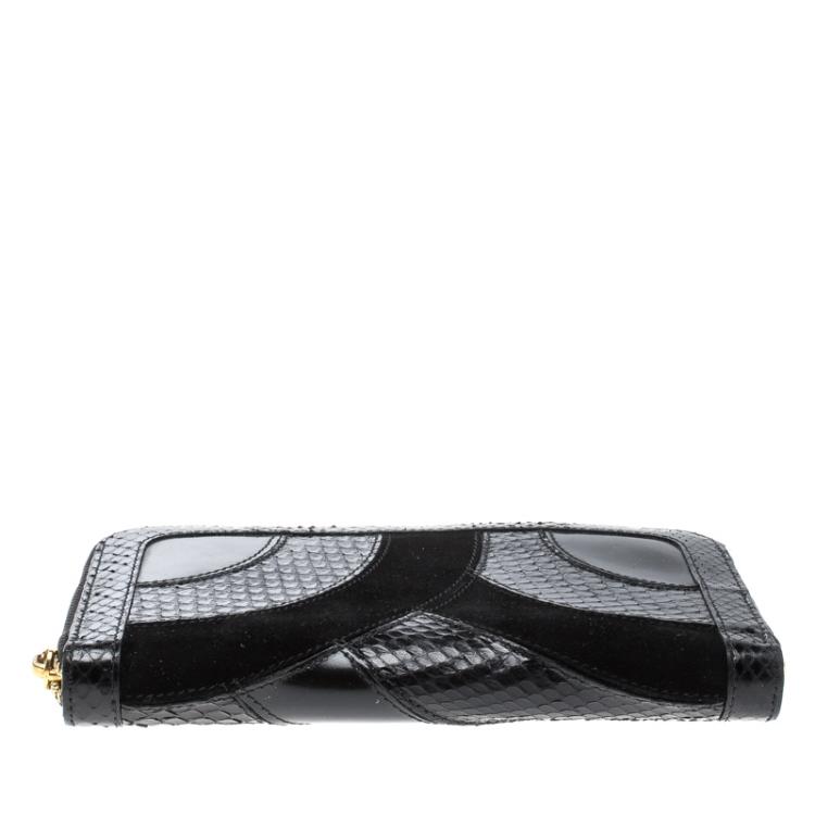 Pre Owned Dolce and Gabbana Black Suede and Snake Skin Zip Around Continental Wallet