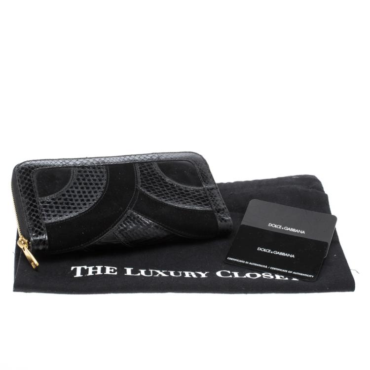 Pre Owned Dolce and Gabbana Black Suede and Snake Skin Zip Around Continental Wallet