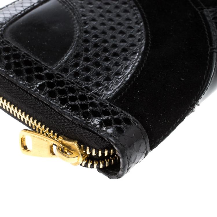 Pre Owned Dolce and Gabbana Black Suede and Snake Skin Zip Around Continental Wallet