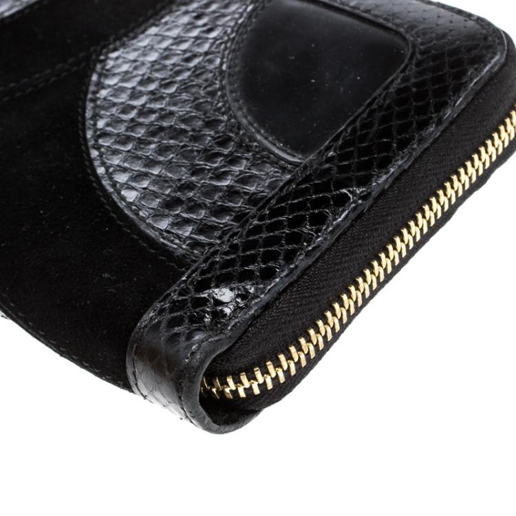 Pre Owned Dolce and Gabbana Black Suede and Snake Skin Zip Around Continental Wallet