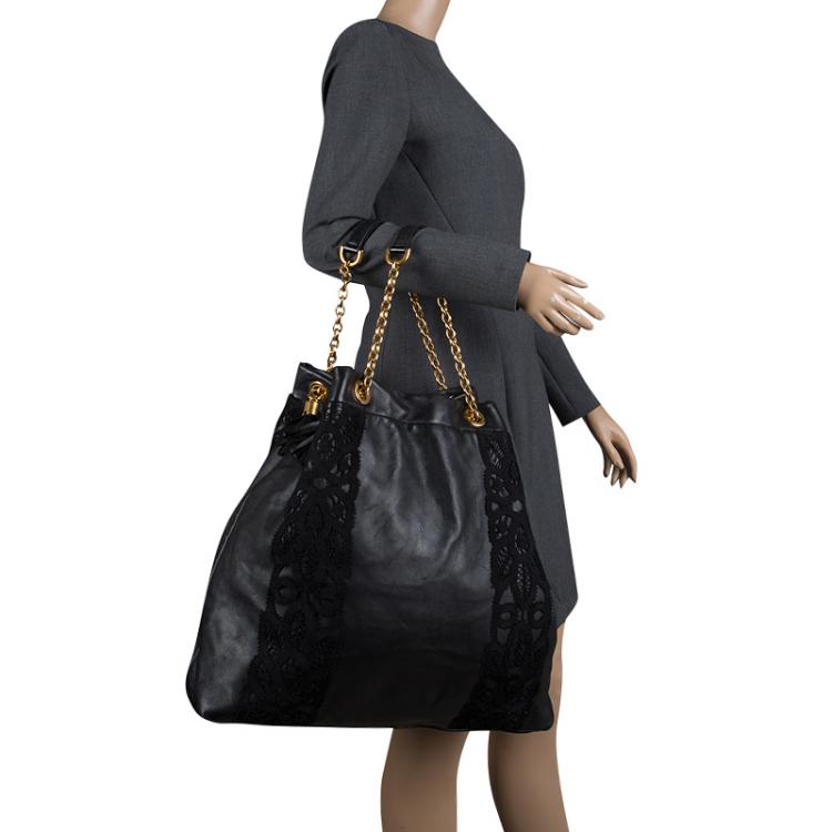 Pre Owned Dolce and Gabbana Black Leather and Lace Large Tote