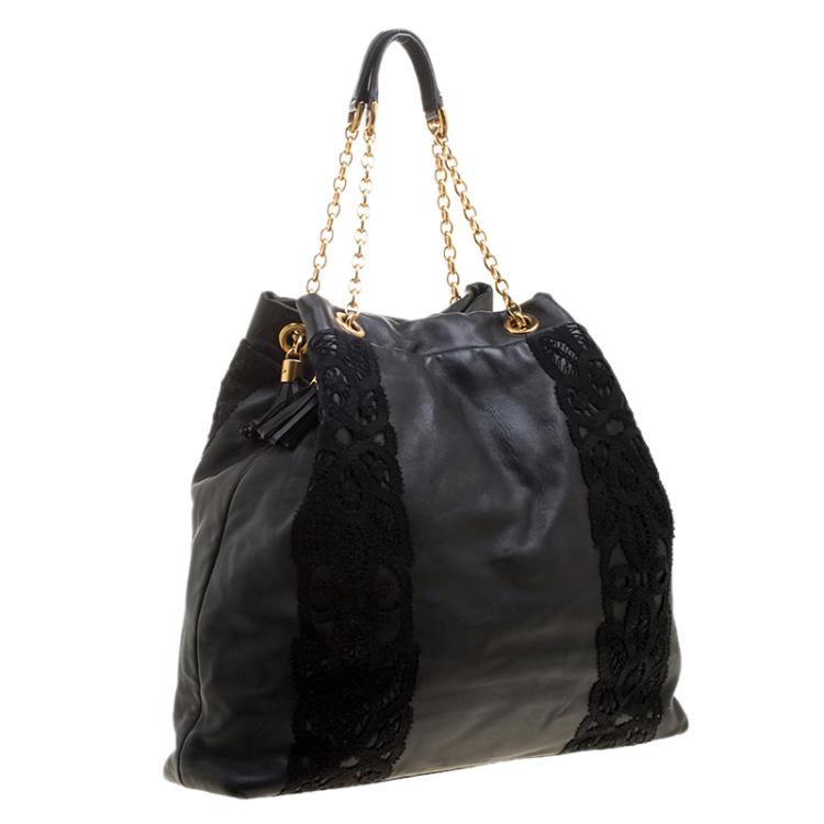 Pre Owned Dolce and Gabbana Black Leather and Lace Large Tote