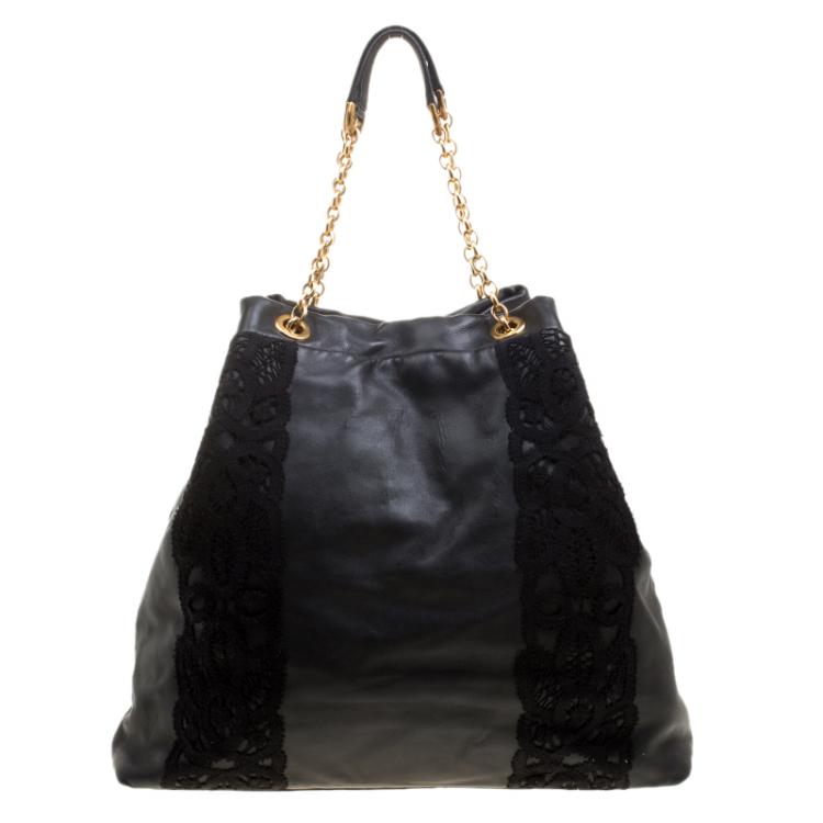 Pre Owned Dolce and Gabbana Black Leather and Lace Large Tote