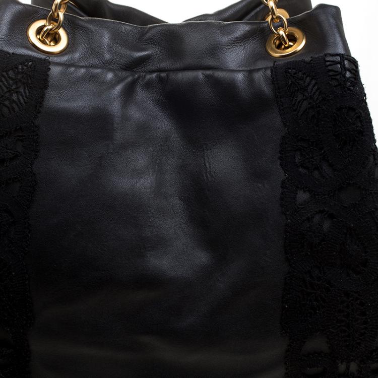 Pre Owned Dolce and Gabbana Black Leather and Lace Large Tote