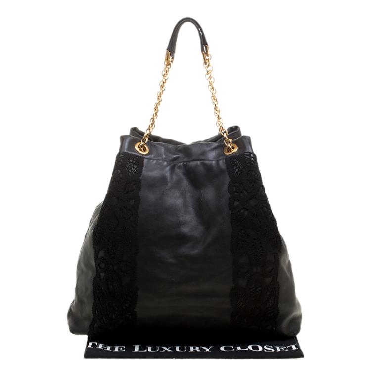 Pre Owned Dolce and Gabbana Black Leather and Lace Large Tote