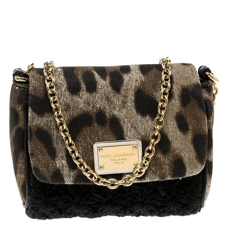 Pre Owned Dolce and Gabbana Brown/Black Leopard Print Denim and Crochete Clutch Bag