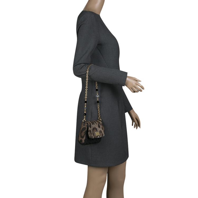 Pre Owned Dolce and Gabbana Brown/Black Leopard Print Denim and Crochete Clutch Bag