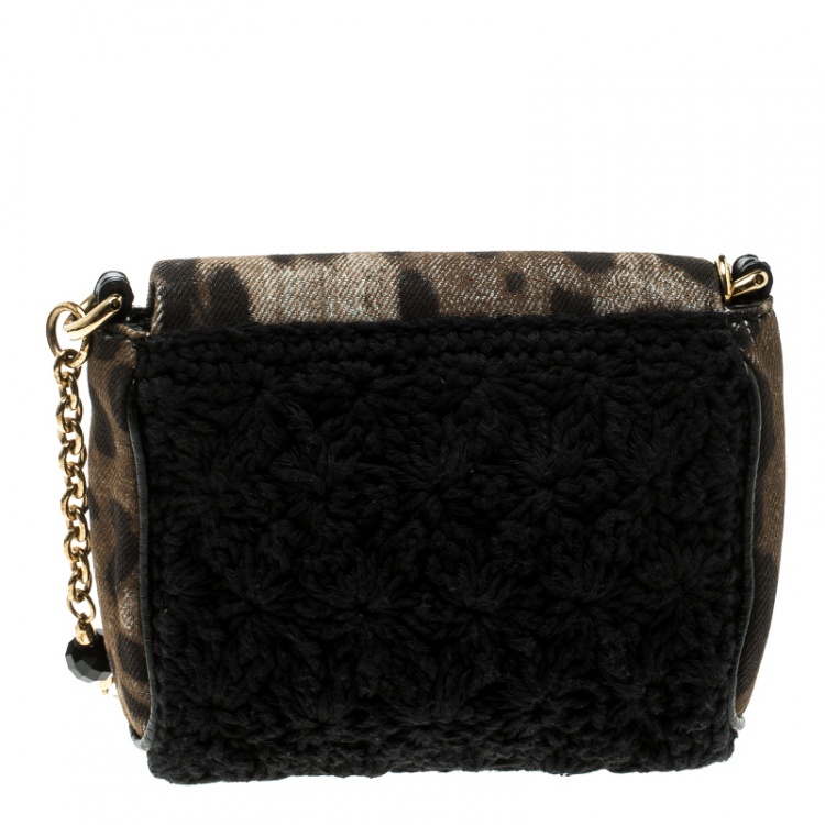 Pre Owned Dolce and Gabbana Brown/Black Leopard Print Denim and Crochete Clutch Bag