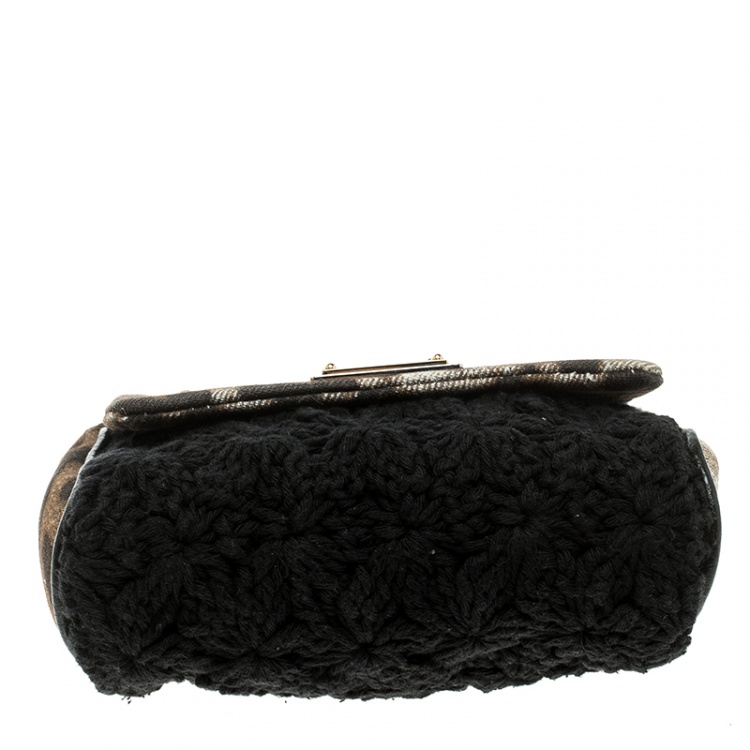 Pre Owned Dolce and Gabbana Brown/Black Leopard Print Denim and Crochete Clutch Bag