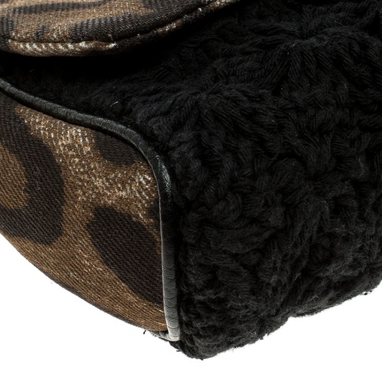 Pre Owned Dolce and Gabbana Brown/Black Leopard Print Denim and Crochete Clutch Bag