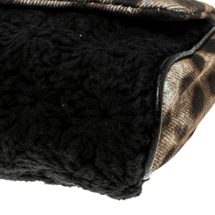 Pre Owned Dolce and Gabbana Brown/Black Leopard Print Denim and Crochete Clutch Bag