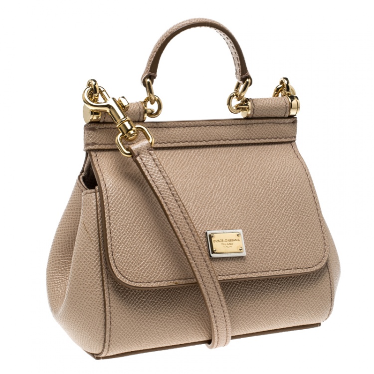 Pre Owned Dolce and Gabbana Beige Leather Mini Miss Sicily Bag