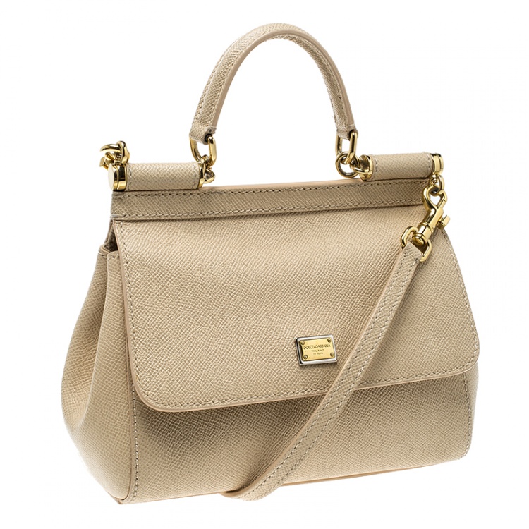 Pre Owned Dolce and Gabbana Beige Leather Small Miss Sicily Tote Bag