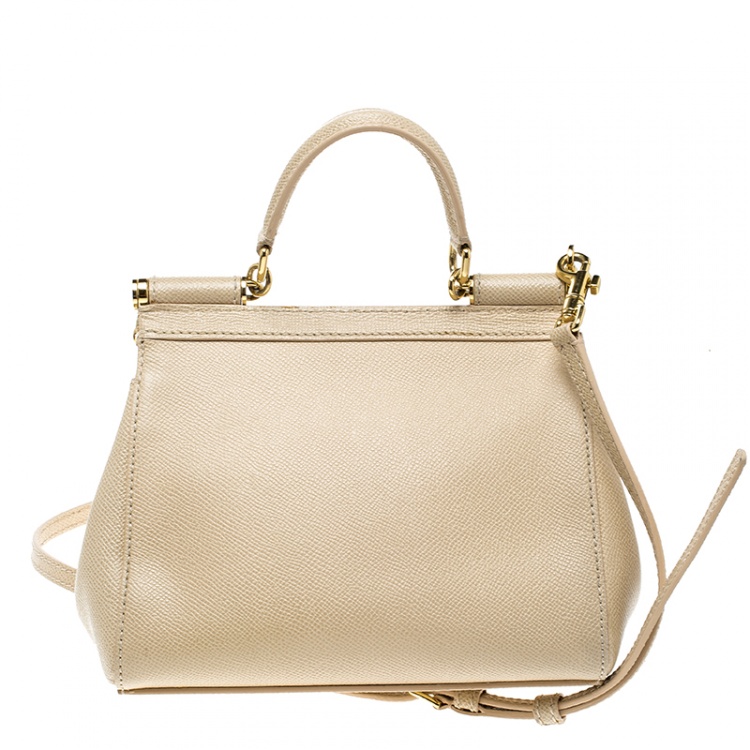 Pre Owned Dolce and Gabbana Beige Leather Small Miss Sicily Tote Bag