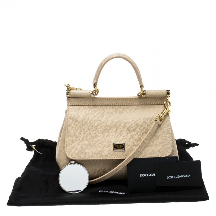 Pre Owned Dolce and Gabbana Beige Leather Small Miss Sicily Tote Bag