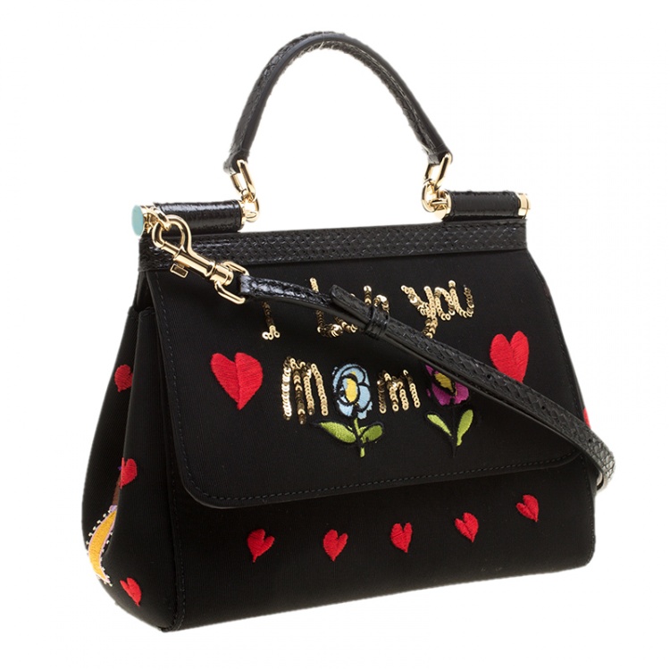 Pre Owned Dolce and Gabbana Black Fabric Small I Love You Mama Sicily Tote