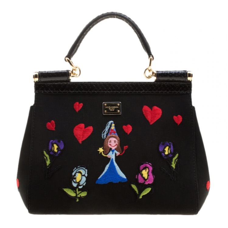 Pre Owned Dolce and Gabbana Black Fabric Small I Love You Mama Sicily Tote