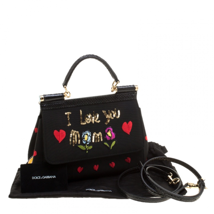 Pre Owned Dolce and Gabbana Black Fabric Small I Love You Mama Sicily Tote
