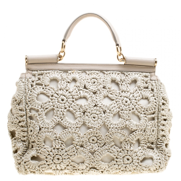 Pre Owned Dolce and Gabbana Off White Crochet Raffia Large Miss Sicily Top Handle Bag