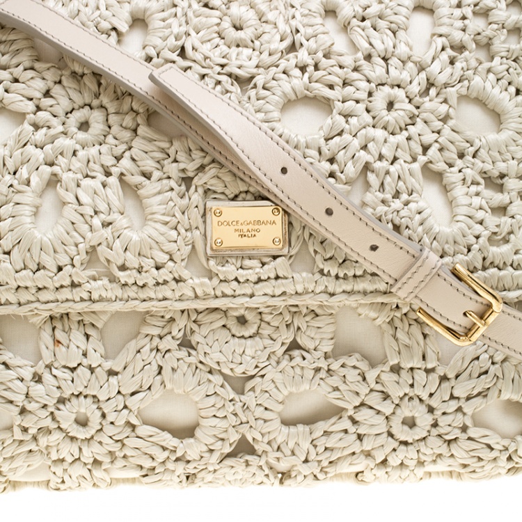 Pre Owned Dolce and Gabbana Off White Crochet Raffia Large Miss Sicily Top Handle Bag