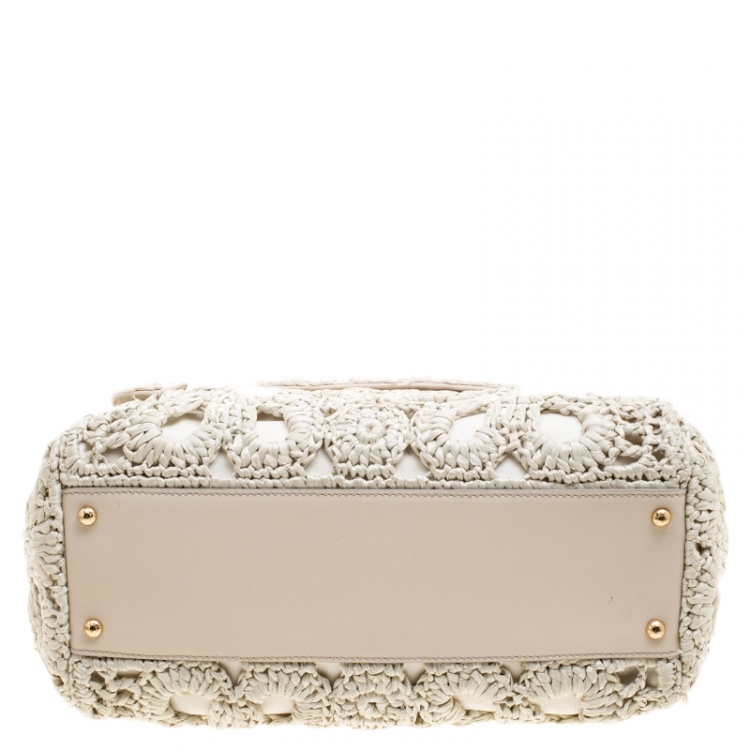 Pre Owned Dolce and Gabbana Off White Crochet Raffia Large Miss Sicily Top Handle Bag