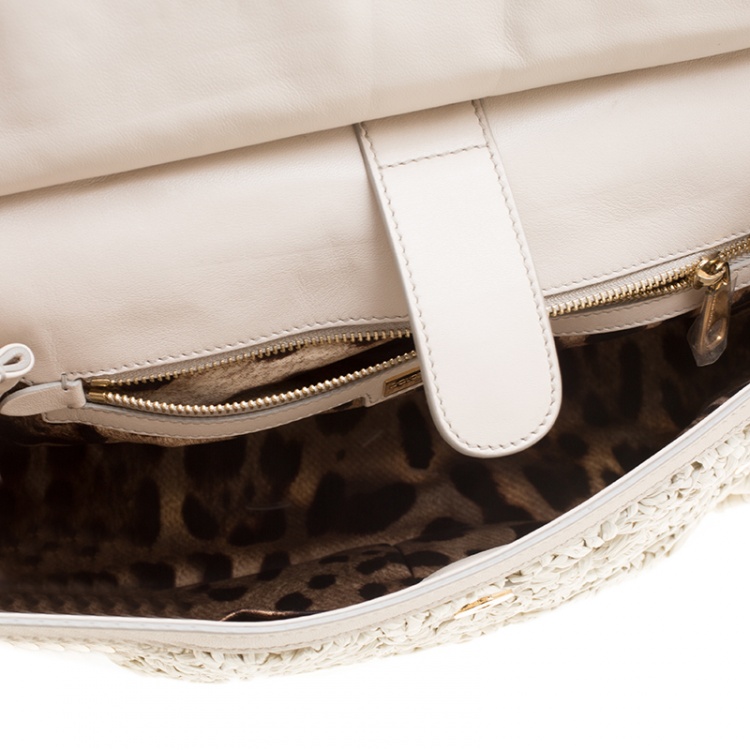Pre Owned Dolce and Gabbana Off White Crochet Raffia Large Miss Sicily Top Handle Bag