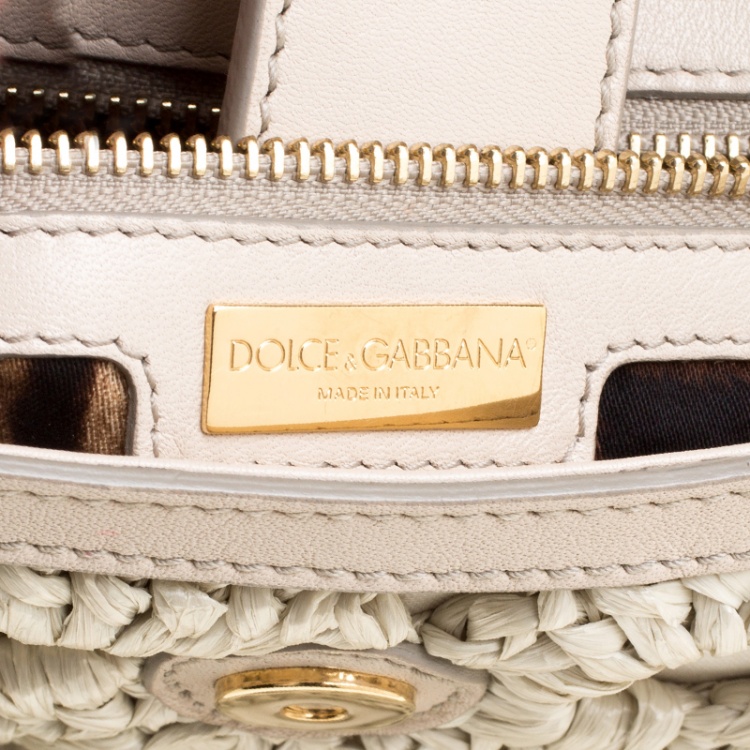 Pre Owned Dolce and Gabbana Off White Crochet Raffia Large Miss Sicily Top Handle Bag