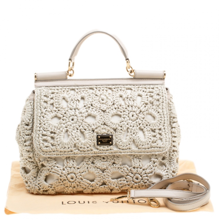 Pre Owned Dolce and Gabbana Off White Crochet Raffia Large Miss Sicily Top Handle Bag