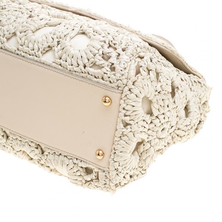 Pre Owned Dolce and Gabbana Off White Crochet Raffia Large Miss Sicily Top Handle Bag