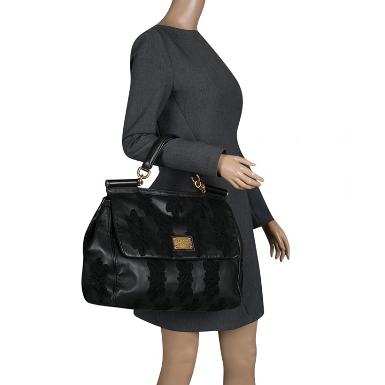 Pre Owned Dolce and Gabbana Black Leather and Lace Large Soft Miss Sicily Top Handle Bag