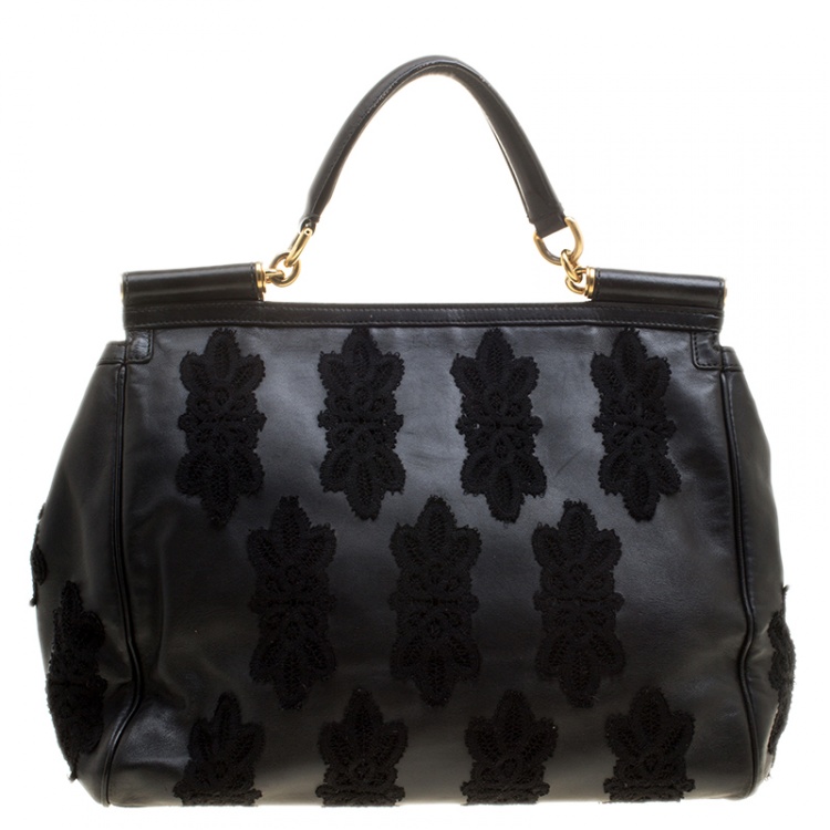 Pre Owned Dolce and Gabbana Black Leather and Lace Large Soft Miss Sicily Top Handle Bag