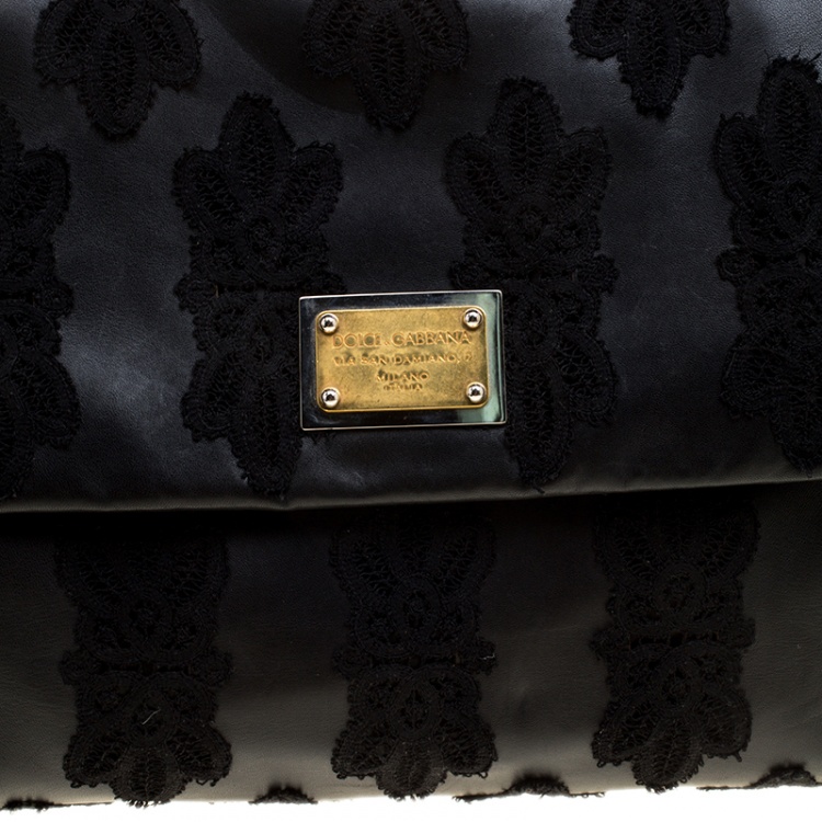 Pre Owned Dolce and Gabbana Black Leather and Lace Large Soft Miss Sicily Top Handle Bag