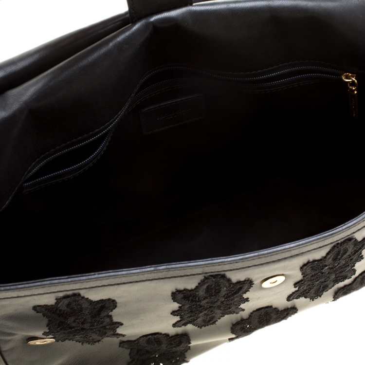 Pre Owned Dolce and Gabbana Black Leather and Lace Large Soft Miss Sicily Top Handle Bag