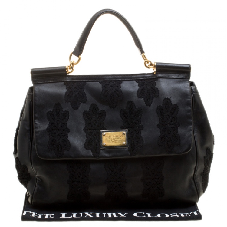 Pre Owned Dolce and Gabbana Black Leather and Lace Large Soft Miss Sicily Top Handle Bag
