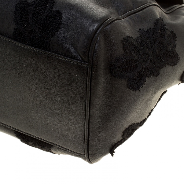 Pre Owned Dolce and Gabbana Black Leather and Lace Large Soft Miss Sicily Top Handle Bag