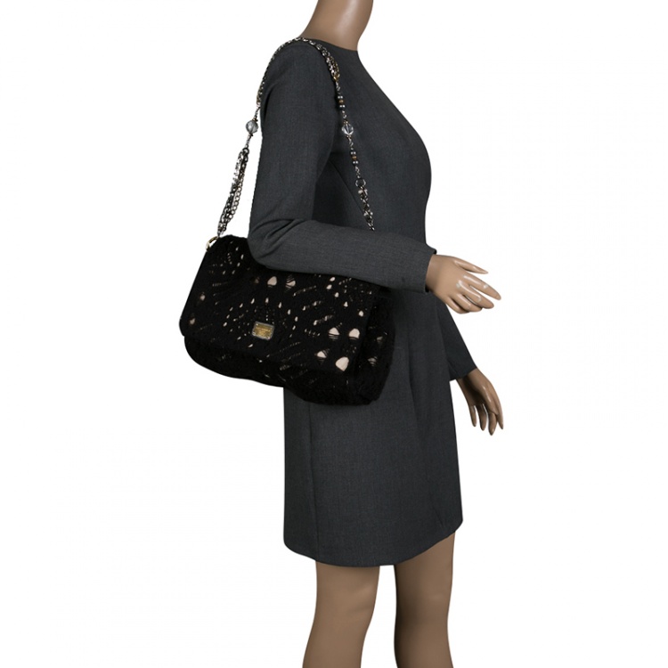 Pre Owned Dolce and Gabbana Black/Gold Crochet Wool and Satin Embellished Chain Shoulder Bag