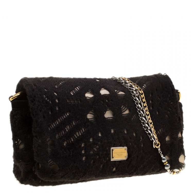 Pre Owned Dolce and Gabbana Black/Gold Crochet Wool and Satin Embellished Chain Shoulder Bag