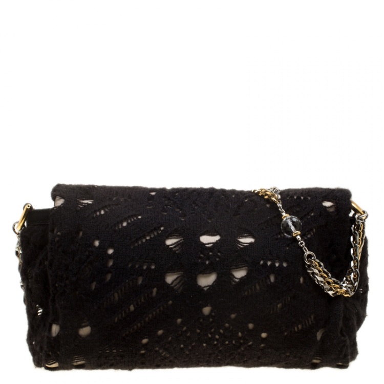 Pre Owned Dolce and Gabbana Black/Gold Crochet Wool and Satin Embellished Chain Shoulder Bag