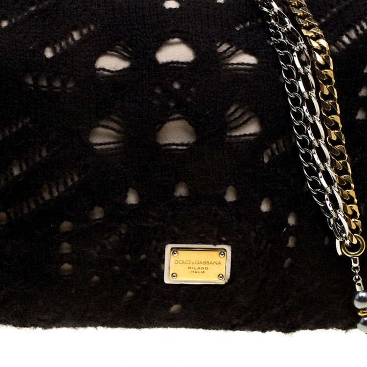 Pre Owned Dolce and Gabbana Black/Gold Crochet Wool and Satin Embellished Chain Shoulder Bag