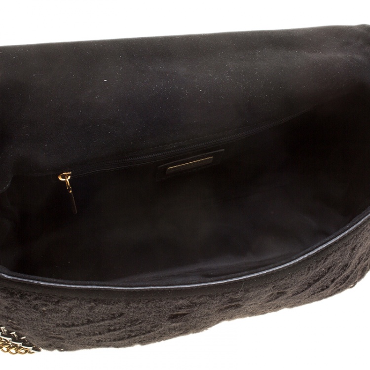 Pre Owned Dolce and Gabbana Black/Gold Crochet Wool and Satin Embellished Chain Shoulder Bag