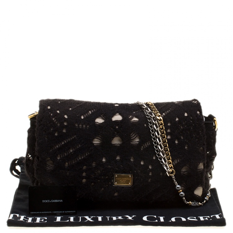 Pre Owned Dolce and Gabbana Black/Gold Crochet Wool and Satin Embellished Chain Shoulder Bag