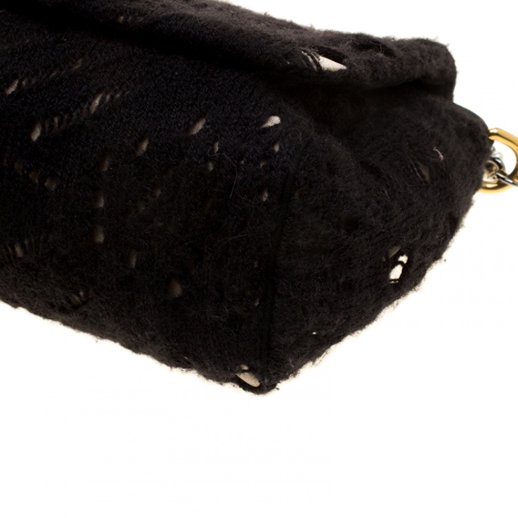 Pre Owned Dolce and Gabbana Black/Gold Crochet Wool and Satin Embellished Chain Shoulder Bag