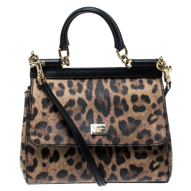 Pre Owned Dolce and Gabbana Leopard Print Coated Canvas Small Miss Sicily Tote